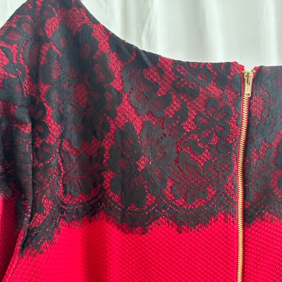 Danny and Nicole Women's Plus 24W Red Dress with Lace Overlay at Neck and Waist - Picture 3 of 8